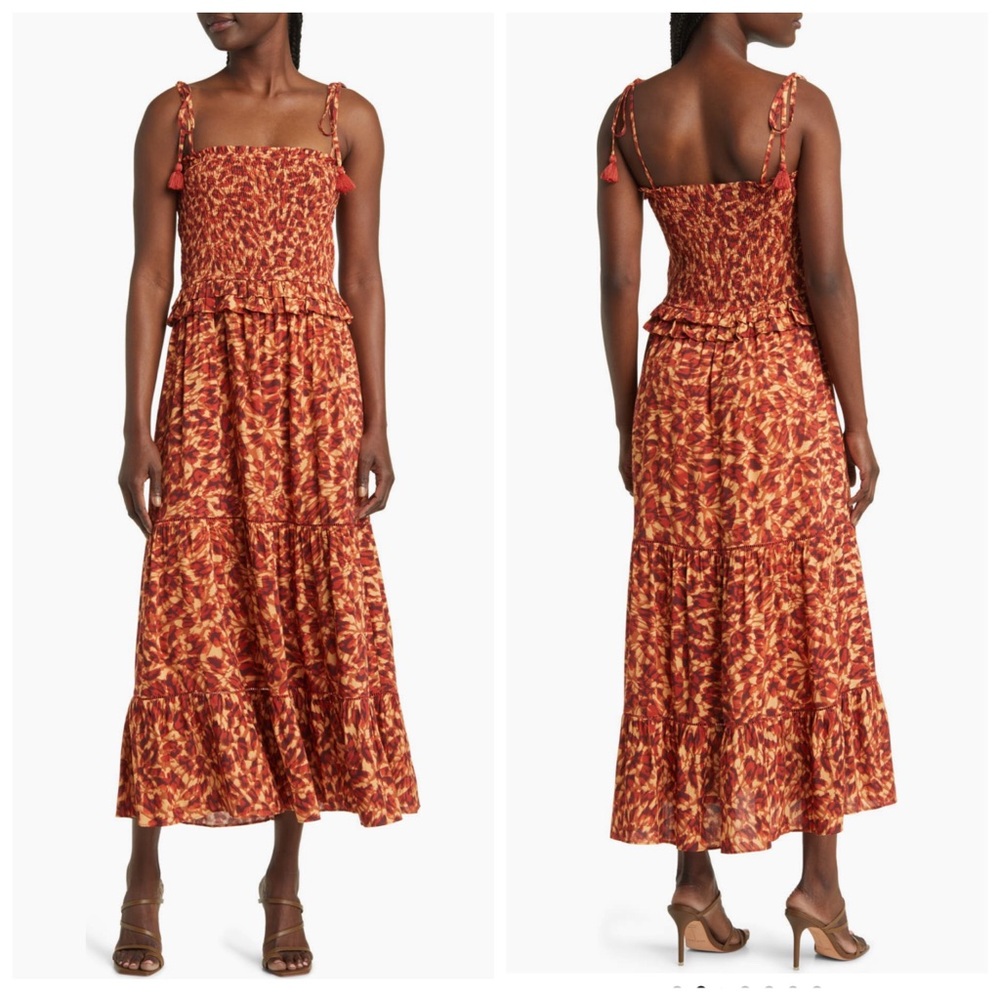 NEW Lost + Wander Renoirs Terrace Print Maxi Dress Smocked Boho Rust Women's L
